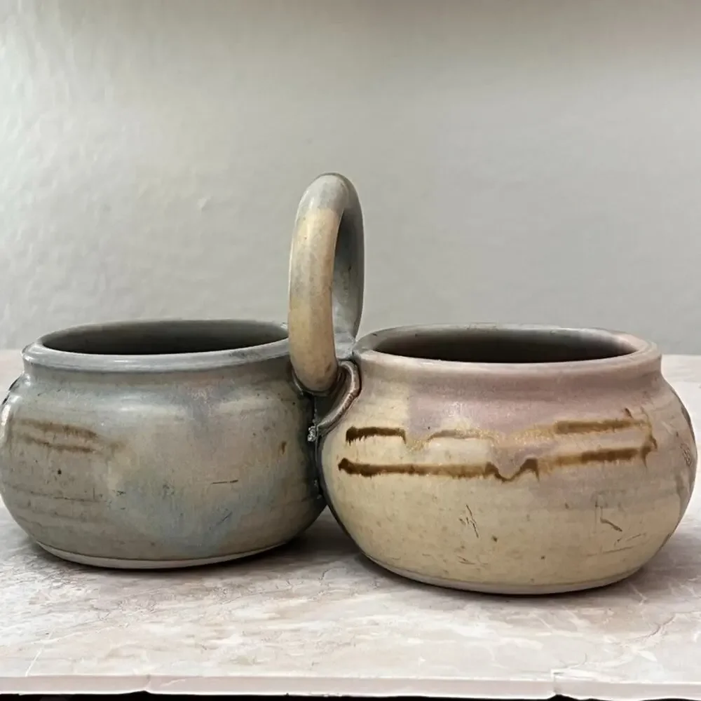 Studio Art Pottery Two Bowl Condiment Dish With Handle Stoneware Muted Colors